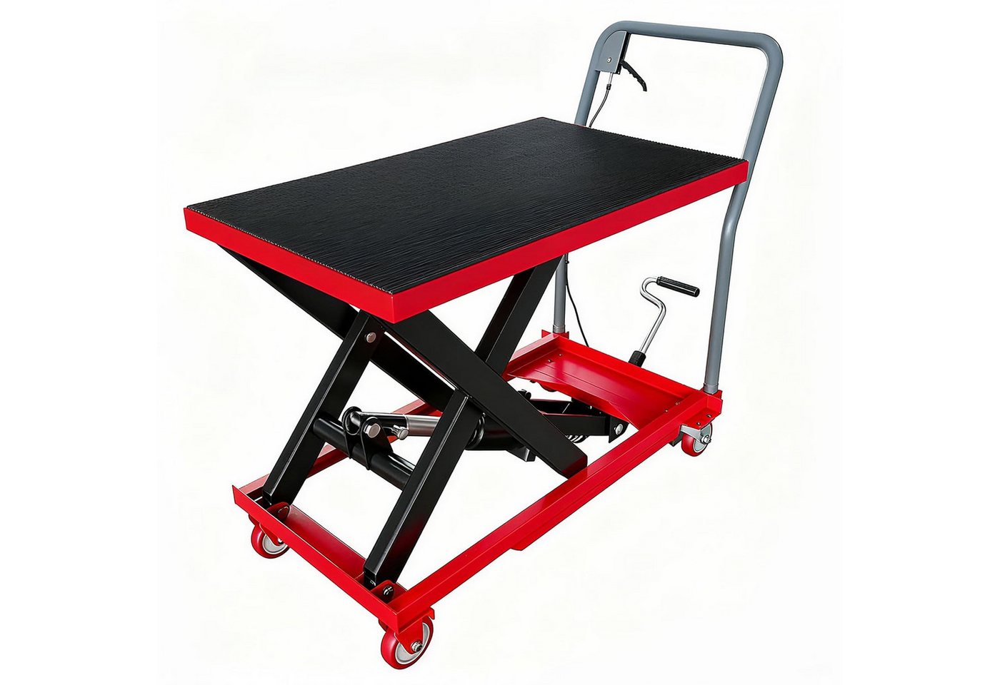 GarveeMore Scherenhubtischwagen Hydraulischer Hubwagen aus Stahl inkl. Arbeitshandschuhe, einfach scherbar, 230 kg Tragkraft, Hubhöhe 72 cm, rot+schwarz