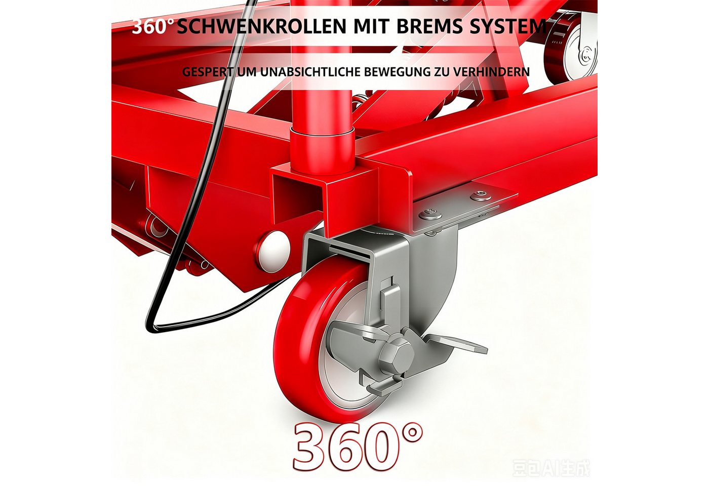 GarveeMore Scherenhubtischwagen Hydraulischer Hubwagen aus Stahl inkl. Arbeitshandschuhe, einfach scherbar, 230 kg Tragkraft, Hubhöhe 72 cm, rot+schwarz Bild 2