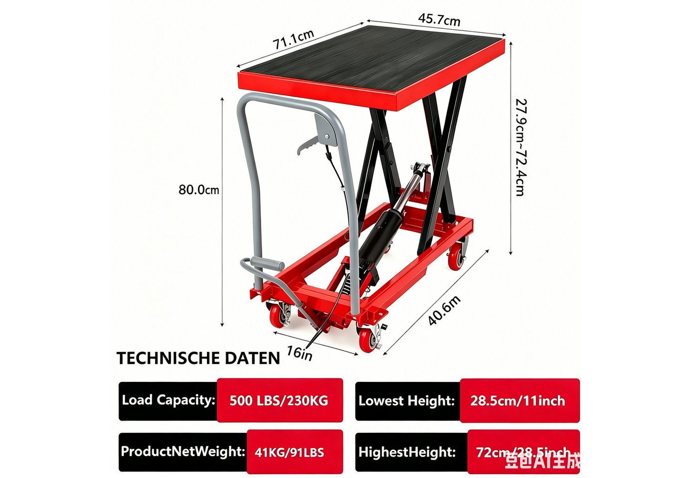 GarveeMore Scherenhubtischwagen Hydraulischer Hubwagen aus Stahl inkl. Arbeitshandschuhe, einfach scherbar, 230 kg Tragkraft, Hubhöhe 72 cm, rot+schwarz Bild 4