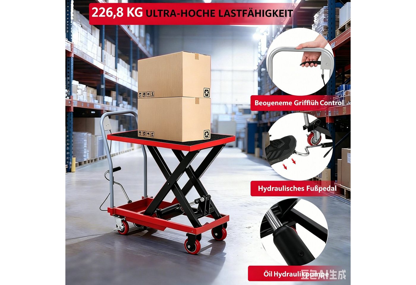 GarveeMore Scherenhubtischwagen Hydraulischer Hubwagen aus Stahl inkl. Arbeitshandschuhe, einfach scherbar, 230 kg Tragkraft, Hubhöhe 72 cm, rot+schwarz Bild 5