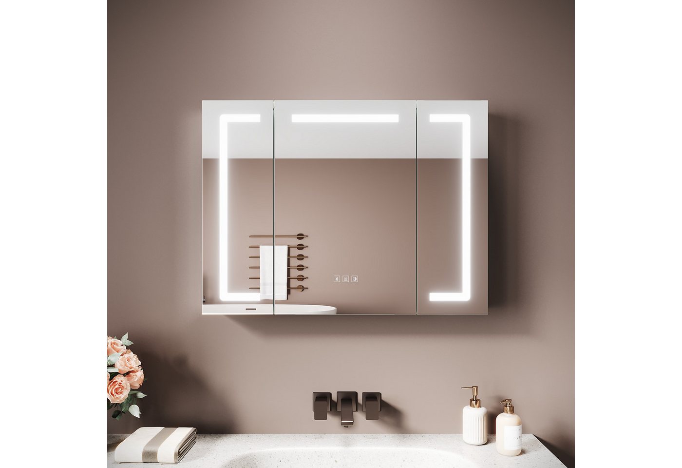 SONNI Spiegelschrank Spiegelschrank Badezimmerschrank 80×60cm Aluminum Badezimmerspiegelschrank mit LED-Beleuchtung & Bluetooth Bild 2