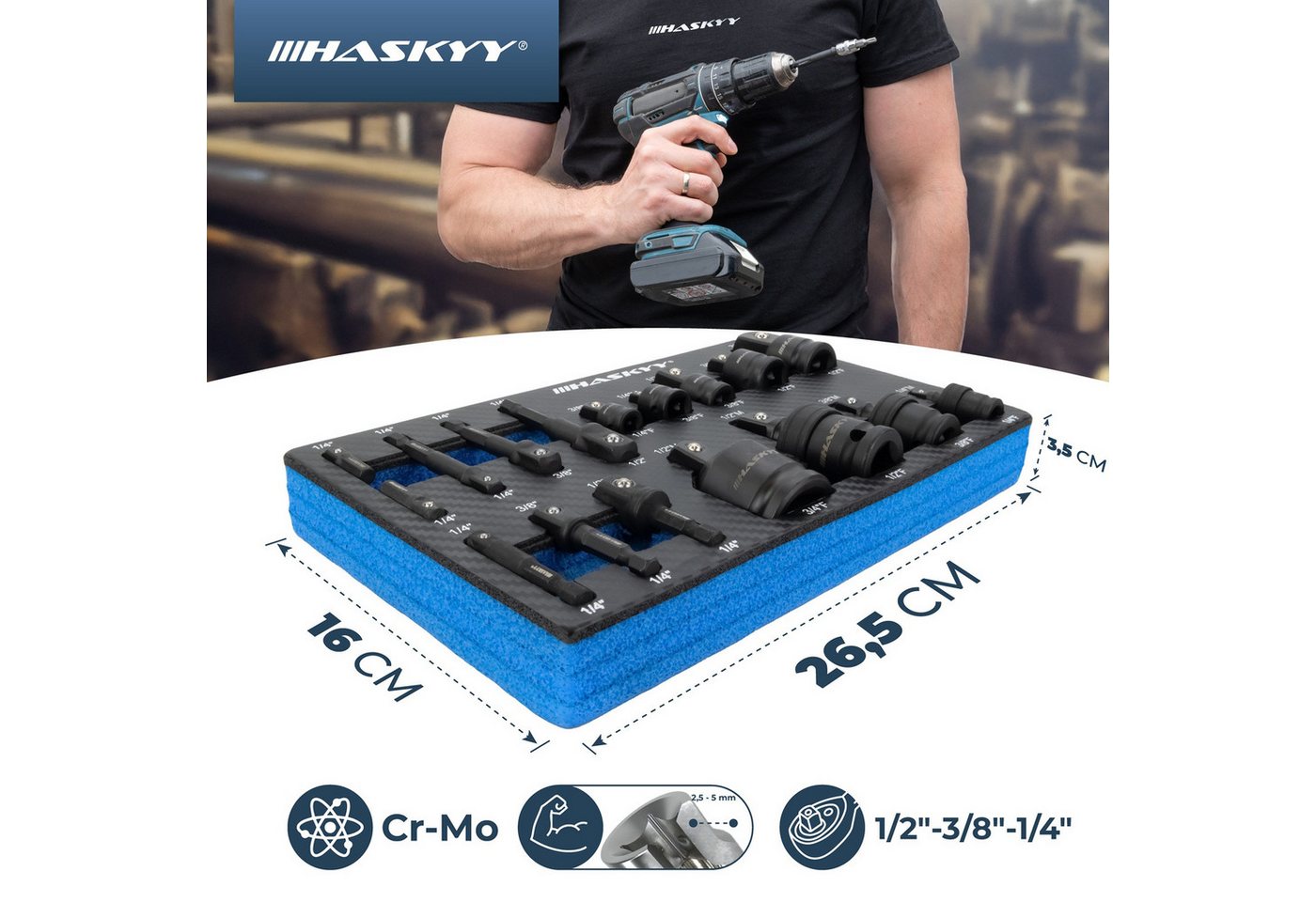 HASKYY Stecknuss 17 tlg. Steck-Nuss-Adapter-Satz für Schlagnuss 1/4" 3/8" 1/2" 3/4