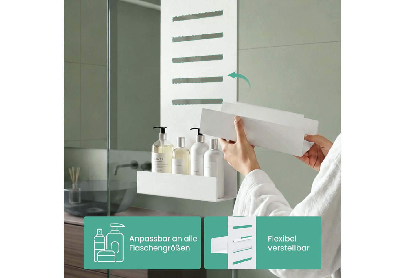 Mai & Mai Duschablage Hängeregal ohne Bohren für Duschwand mit 2 Ebenen und 3 Haken Oryne-01, Höhenverstellbare Ablagen Bild 2