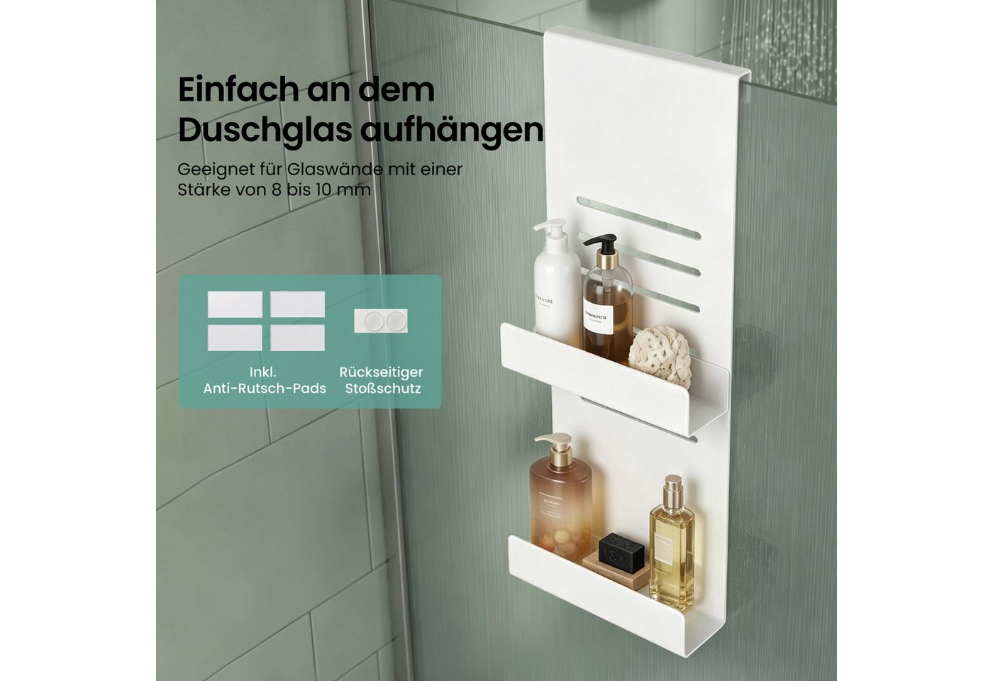 Mai & Mai Duschablage Hängeregal ohne Bohren für Duschwand mit 2 Ebenen und 3 Haken Oryne-01, Höhenverstellbare Ablagen Bild 3
