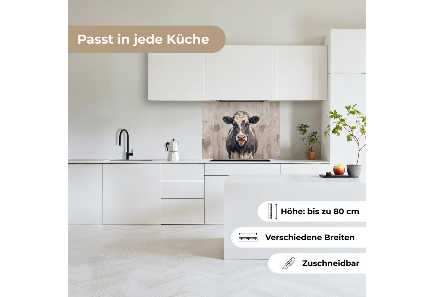 KitchenYeah Küchenrückwand selbstklebend (keine Folie) Kuh - Porträt - Tiere - Modern, (1-tlg), Spritzschutz, Küche, Rückwand, Küchenwand, Küchenfront, 80x60 cm