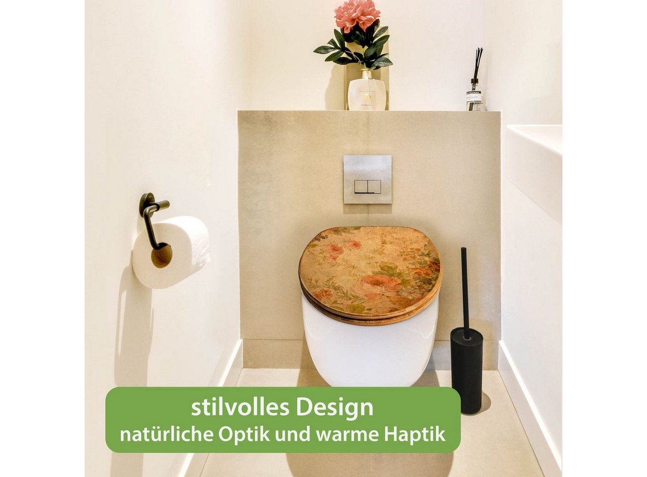 banjado WC-Sitz aus Bambus mit Absenkautomatik Motiv Blumen Antik (umweltfreundliches Material, integrierte Absenkautomatik), 45,8 x 37,5 x 5 cm