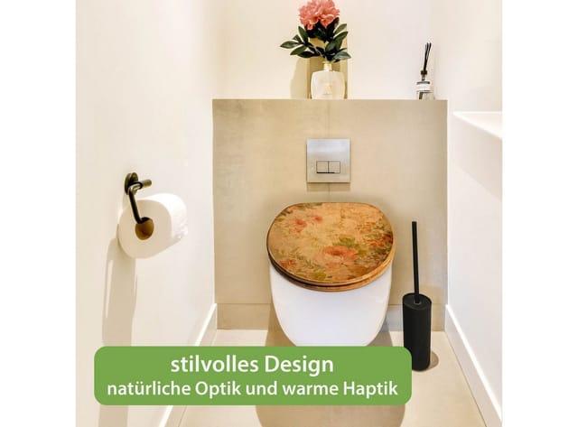 banjado WC-Sitz aus Bambus mit Absenkautomatik Motiv Blumen Antik (umweltfreundliches Material, integrierte Absenkautomatik), 45,8 x 37,5 x 5 cm