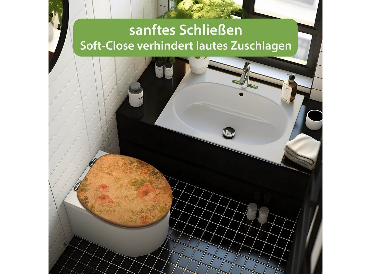 banjado WC-Sitz aus Bambus mit Absenkautomatik Motiv Blumen Antik (umweltfreundliches Material, integrierte Absenkautomatik), 45,8 x 37,5 x 5 cm Bild 2
