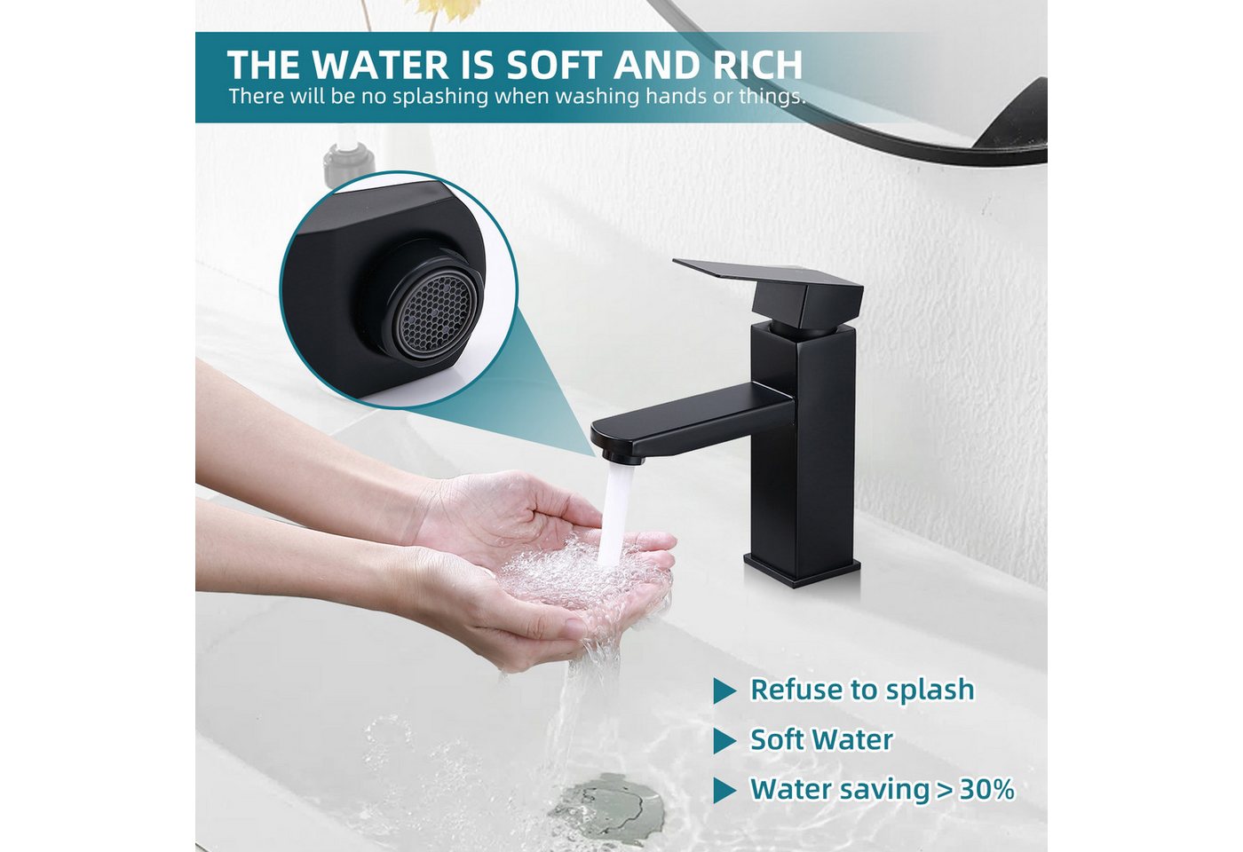 DESFAU Waschtischarmatur waschbecken Wasserhahn Bad Badarmatur Armatur Mischbatterie waschtischarmatur bad,waschtischarmatur für aufsatzbecken,Schwarz Bild 4