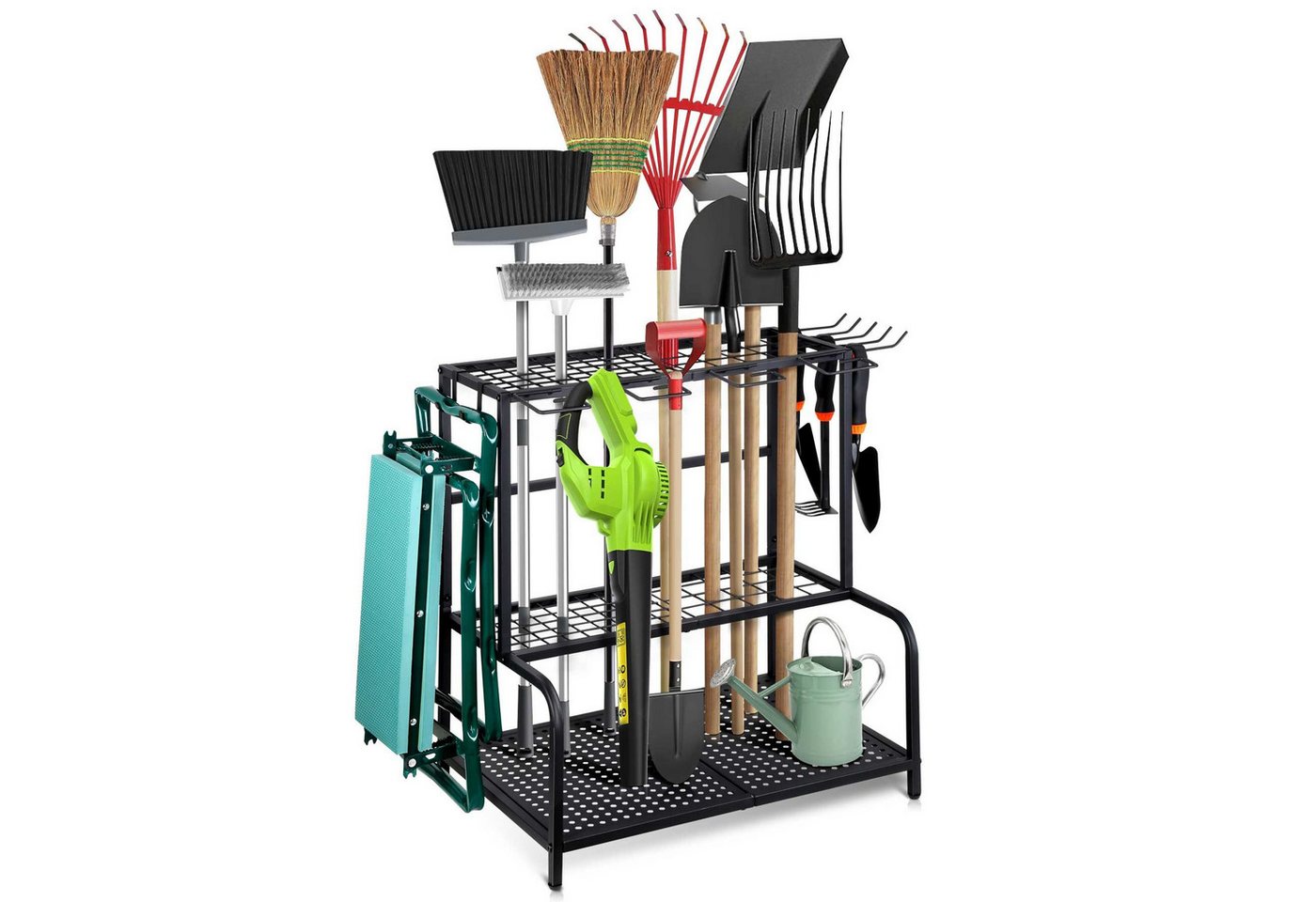 ibettertec Gartengerätehalter Metall Gartengerätehalter Werkzeugregal mit 11 Haken 74×41×66cm, (für Garage, Garten & Keller, mit 3 Ebenen,platzsparend,stabil, rostfrei,hohe Tragkraft)