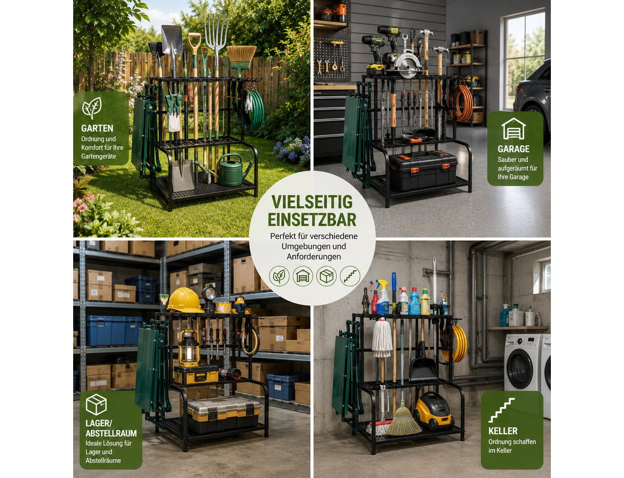 ibettertec Gartengerätehalter Metall Gartengerätehalter Werkzeugregal mit 11 Haken 74×41×66cm, (für Garage, Garten & Keller, mit 3 Ebenen,platzsparend,stabil, rostfrei,hohe Tragkraft) Bild 2