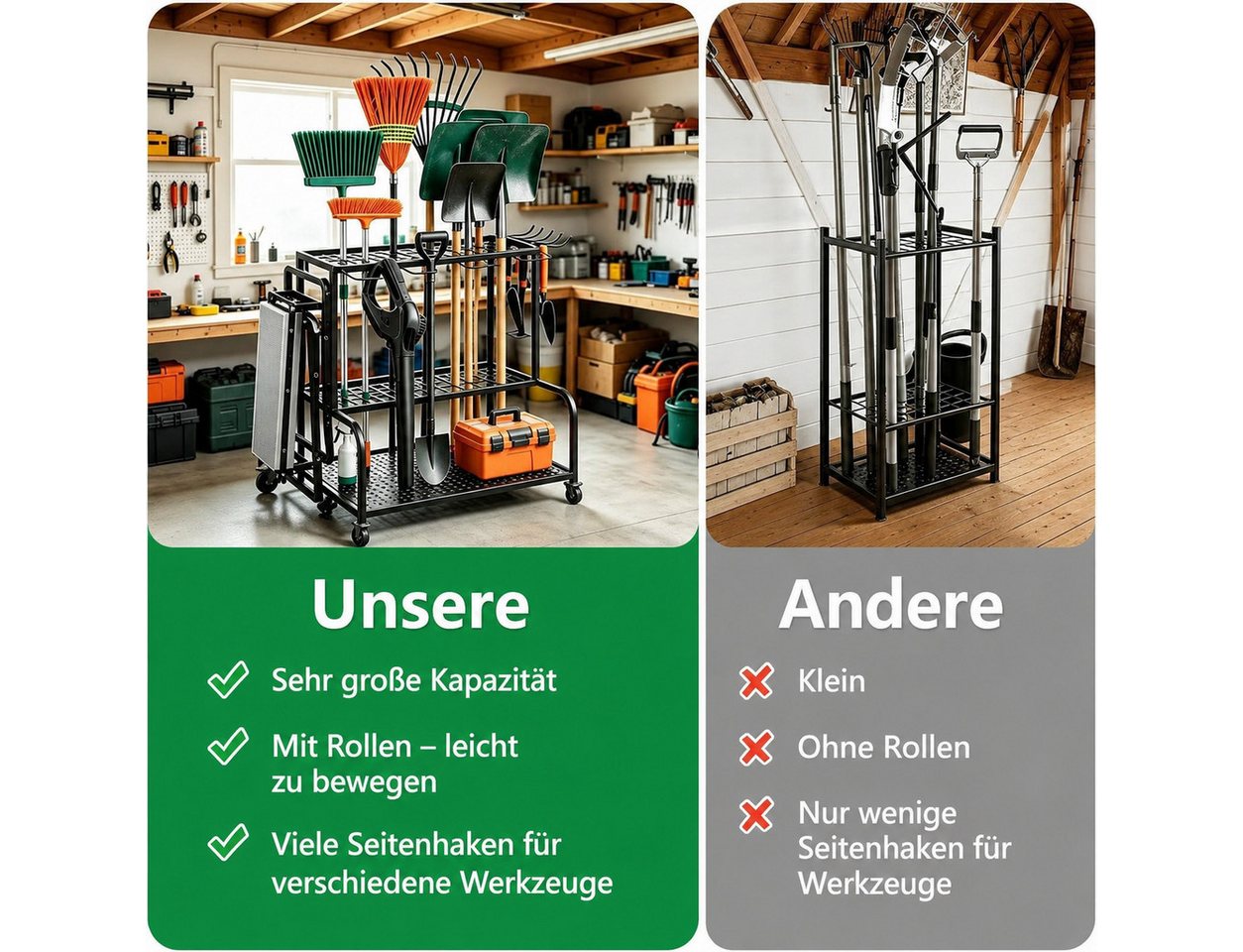 ibettertec Gartengerätehalter Metall Gartengerätehalter Werkzeugregal mit 11 Haken 74×41×66cm, (für Garage, Garten & Keller, mit 3 Ebenen,platzsparend,stabil, rostfrei,hohe Tragkraft) Bild 3