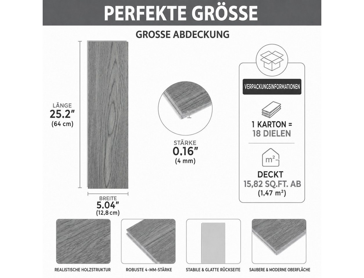 BlingBin Vinylboden Klick Hartvinylboden Rigid SPC Landhausdiele Holzoptik, verformt sich kaum, schimmelresistent und korrosionsbeständig, 18er Set, 128 x 640 x 4 mm, SPC-Klickbodenbelag, 4mm stark, wasserfest, für Wohnräume, Küche, Flur Bild 2