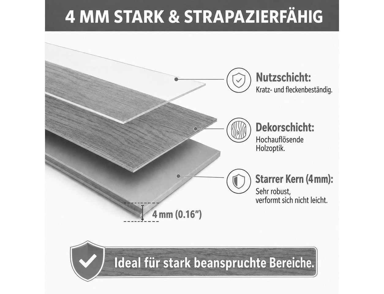 BlingBin Vinylboden Klick Hartvinylboden Rigid SPC Landhausdiele Holzoptik, verformt sich kaum, schimmelresistent und korrosionsbeständig, 18er Set, 128 x 640 x 4 mm, SPC-Klickbodenbelag, 4mm stark, wasserfest, für Wohnräume, Küche, Flur Bild 3