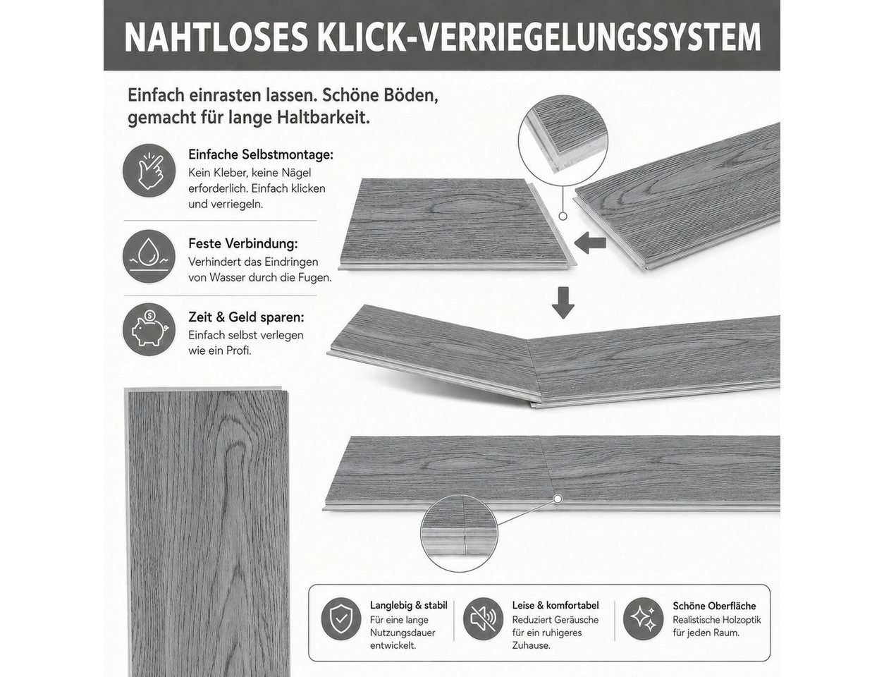 BlingBin Vinylboden Klick Hartvinylboden Rigid SPC Landhausdiele Holzoptik, verformt sich kaum, schimmelresistent und korrosionsbeständig, 18er Set, 128 x 640 x 4 mm, SPC-Klickbodenbelag, 4mm stark, wasserfest, für Wohnräume, Küche, Flur Bild 4
