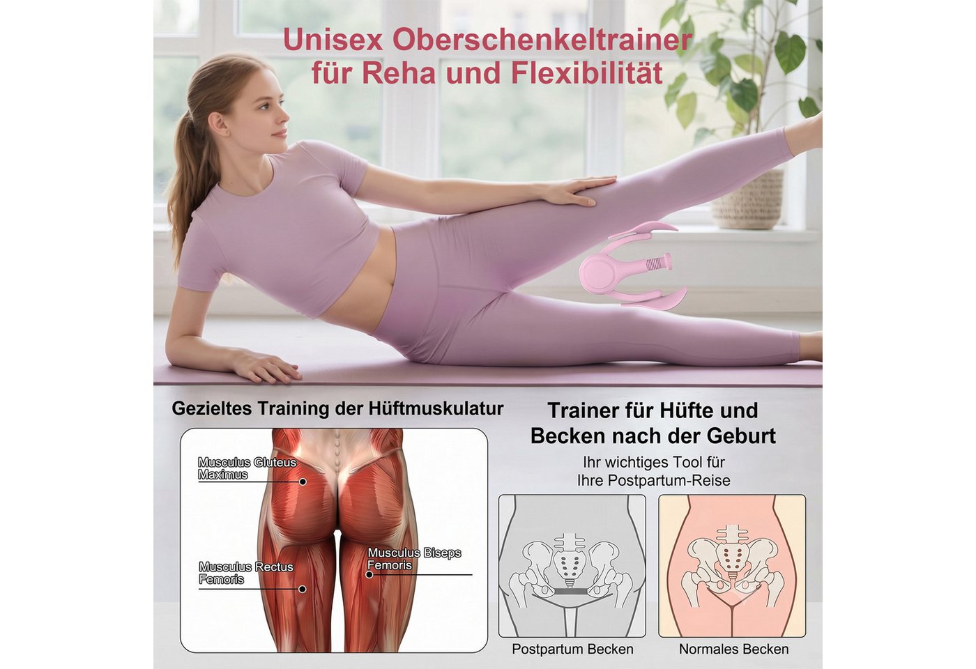HEYHIPPO Beckenbodentrainer Beckenbodentrainer 15×26 cm – für Oberschenkel, Po & Beckenboden, Beinwiderstandstraining mit Feder, Beckenboden- & Po-Training, Verstellbarer Oberschenkeltrainer, 650g, mit Feder, pink, leicht Bild 3