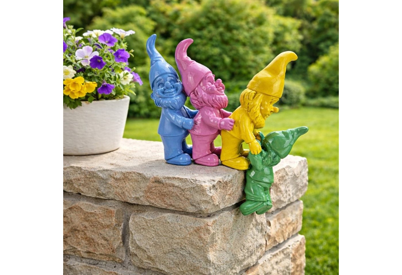 Online-Fuchs Gartenfigur für außen - 4 Wichtel, Gartenzwerge Kantenhocker - Garten Deko Figuren, (bunte Gartendekoration, 24 cm groß), ideal für Steine, auf dem Tisch oder in großen Blumentöpfen Bild 5