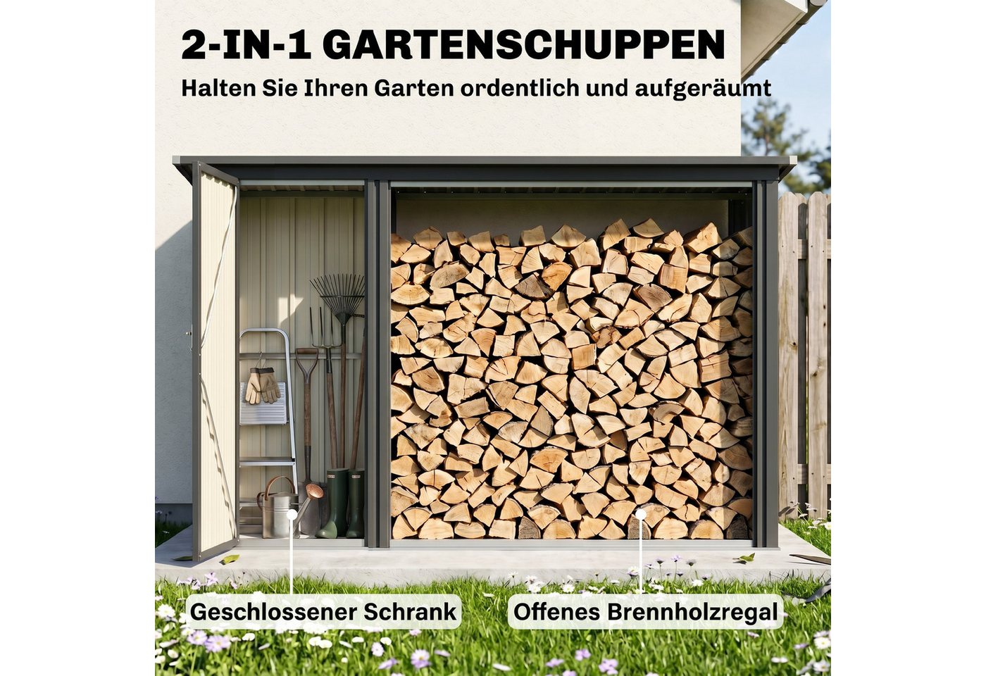 Outsunny Kaminholzregal-Erweiterung 2-in-1 Brennholzregal mit Geräteschrank, BxTxH:67x235x149 cm, (Set, 1-St., 2-in-1 Holzlager), Geräteschrank + Kaminholzregal