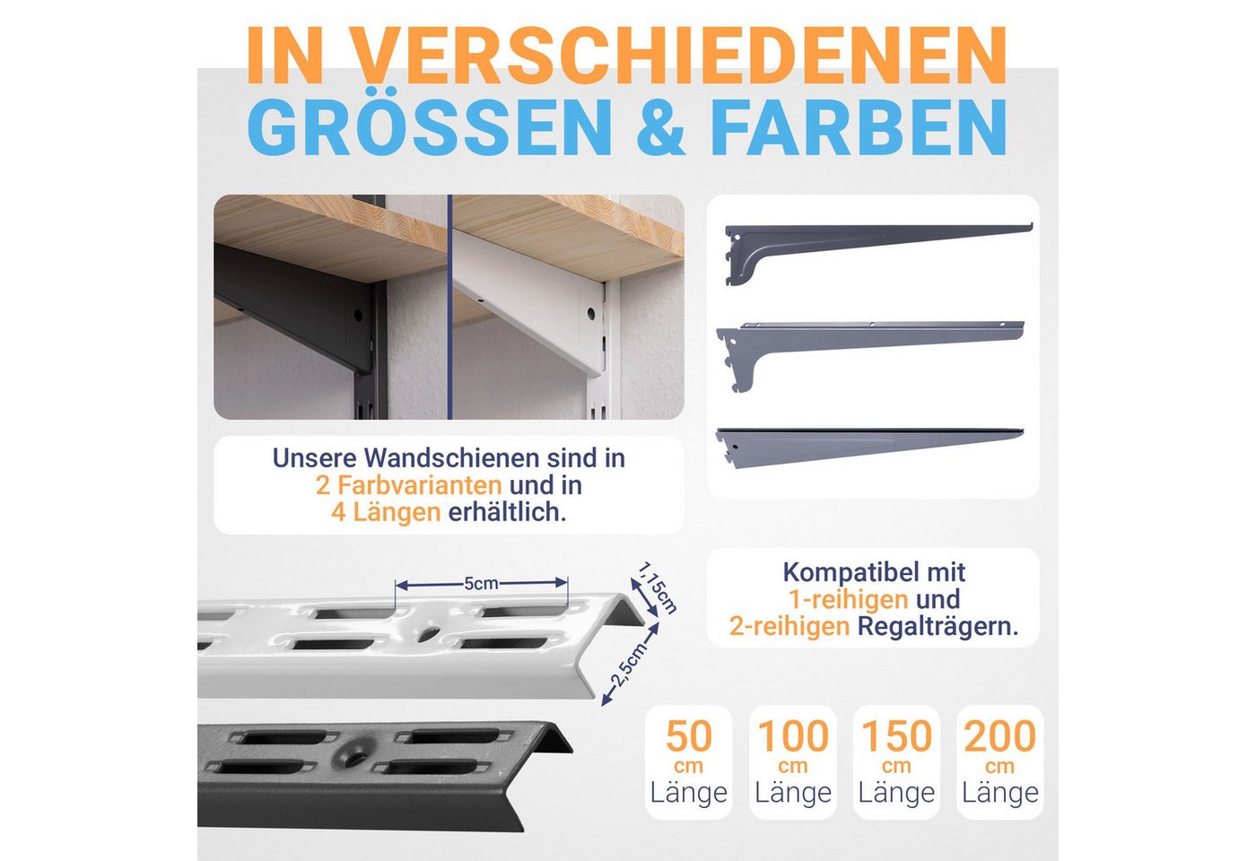 BOOMET Wandregalhalter Wandschienen für Regalsystem 2-reihig, 4-tlg., Anthrazit 50cm Regalschienen Wandregal Schiene
