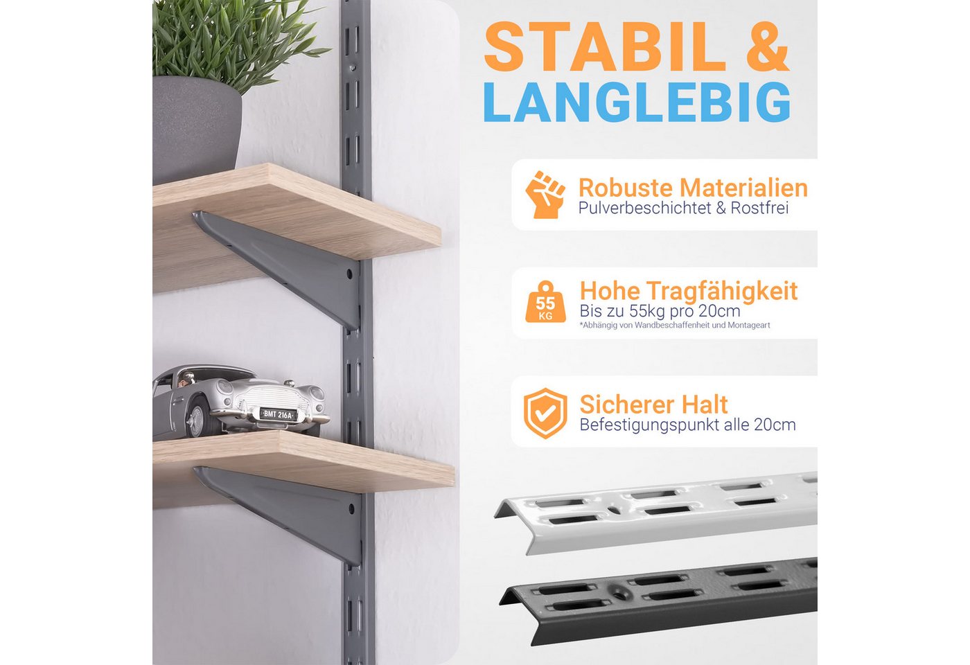 BOOMET Wandregalhalter Wandschienen für Regalsystem 2-reihig, 4-tlg., Anthrazit 50cm Regalschienen Wandregal Schiene Bild 2