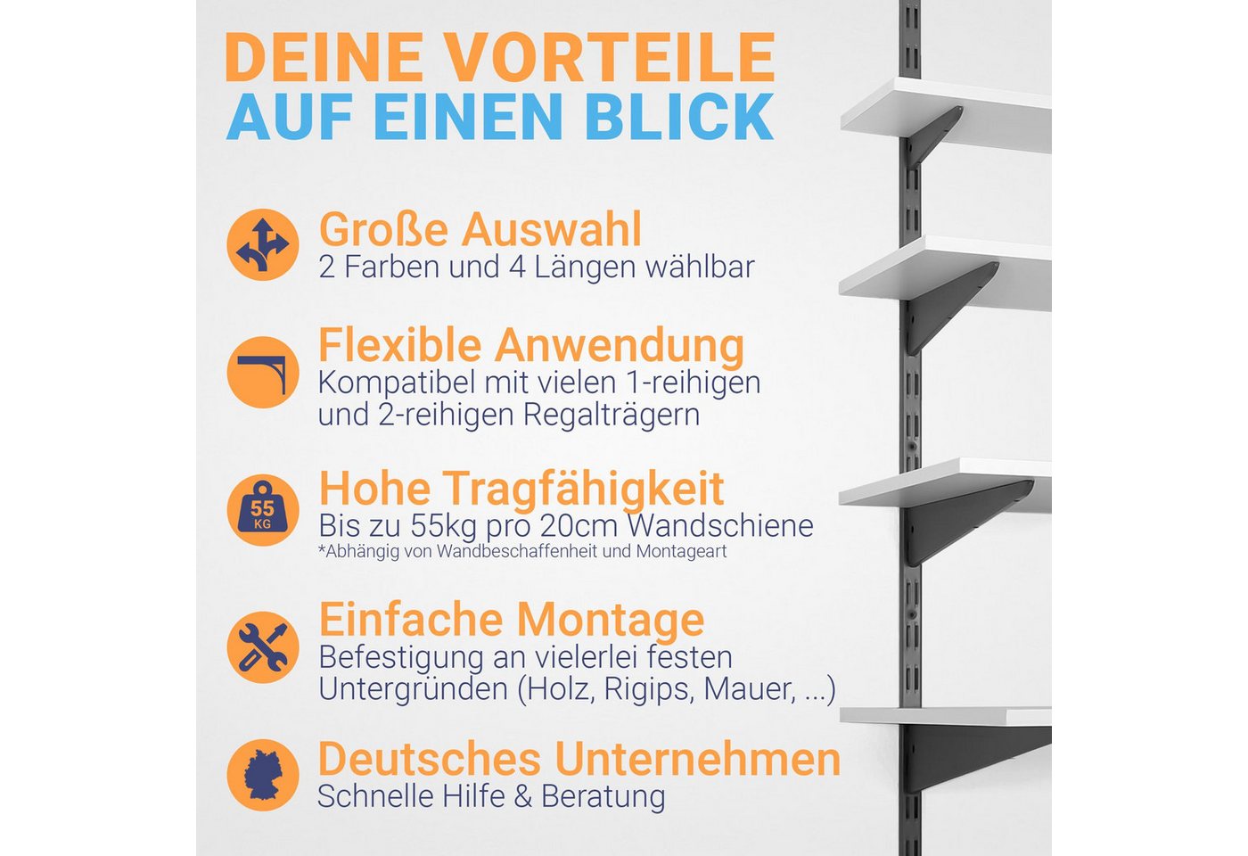 BOOMET Wandregalhalter Wandschienen für Regalsystem 2-reihig, 4-tlg., Anthrazit 50cm Regalschienen Wandregal Schiene Bild 3
