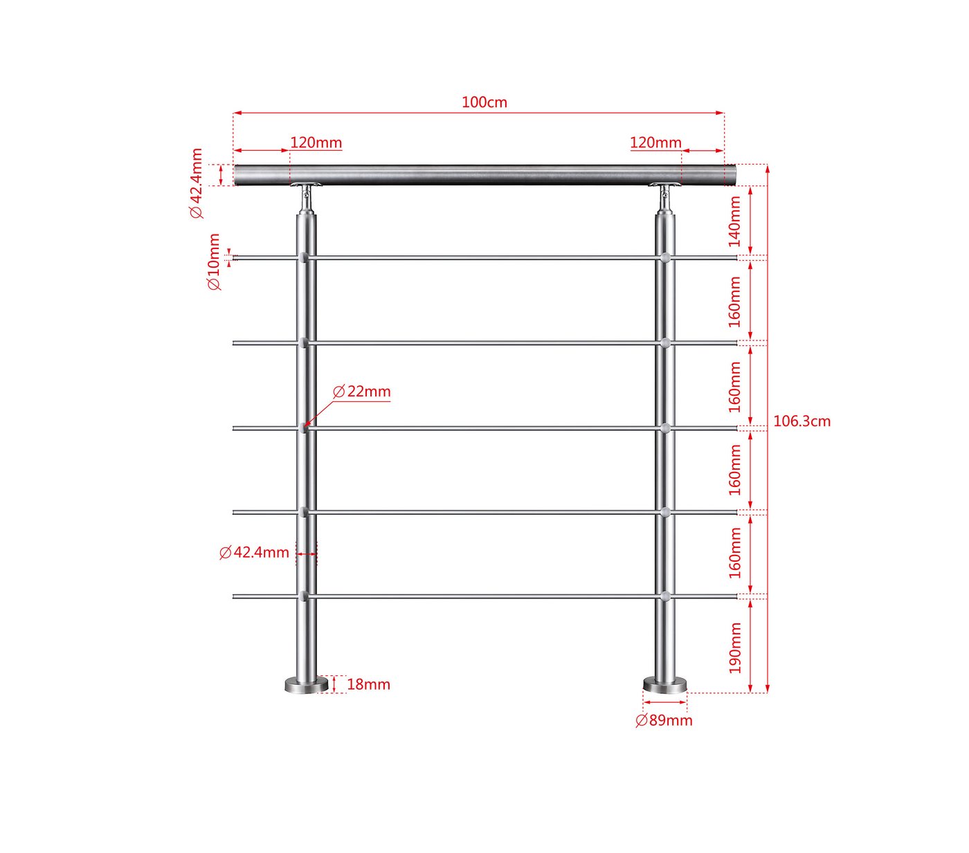 AICA Handlauf Treppengeländer Außen, Handlauf Edelstahl, Geländer Aussen, Innen, 100 cm Gesamtlänge, (Packung, 5 St), Edelstahl 304 Verdickung, Silbrig, Gebürstet, 80-200 cm