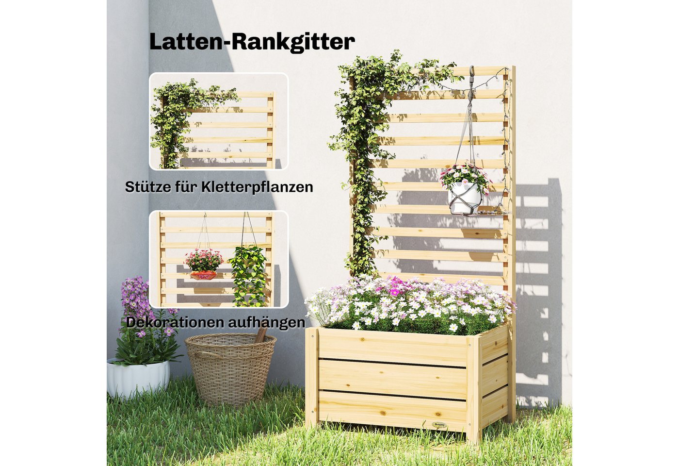 Outsunny Hochbeet Pflanzkübel Blumenkübel Rankkasten für Kletterpflanzen Garten (Pflanzkasten, 1 St., Blumenkasten), 60 x 39 x 120 cm Naturholz Bild 3