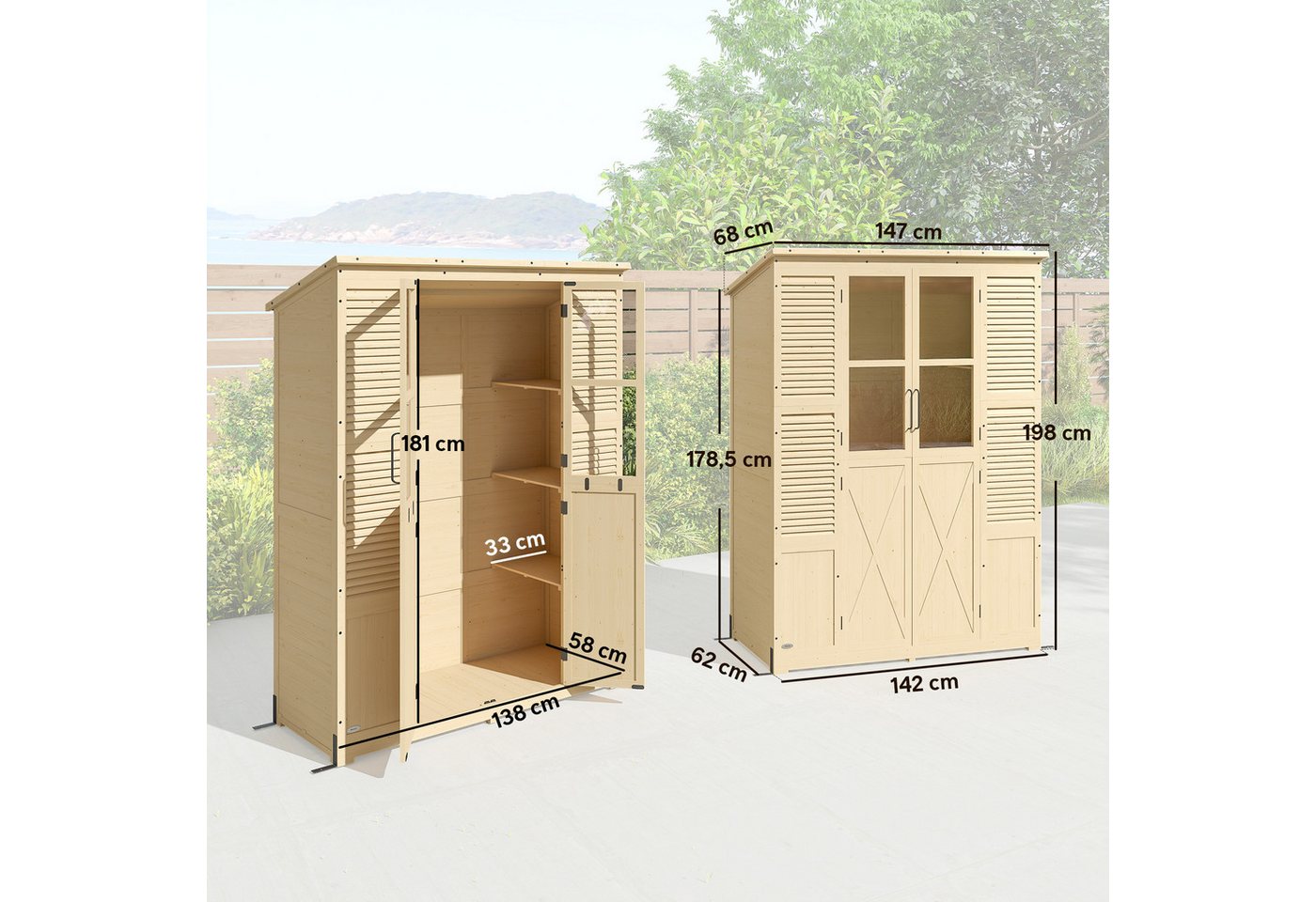 Outsunny Gerätehaus Gartenschrank Geräteschuppen mit Ablage Acrylfenstern, BxT: 147x68 cm, (Gartenschrank, 3 St., Geräteschuppen), begehbar, Naturholz