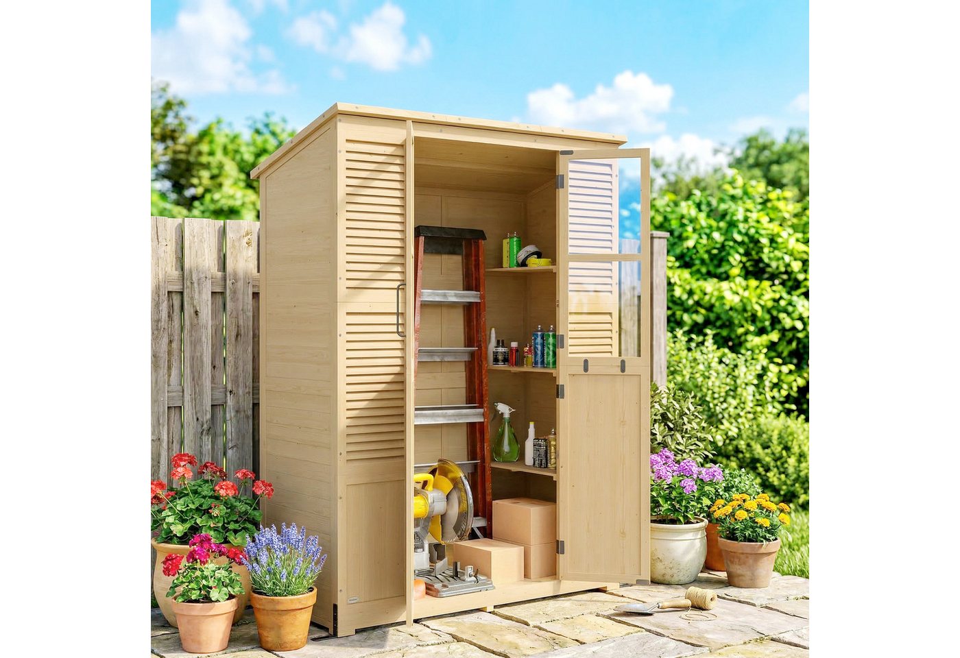 Outsunny Gerätehaus Gartenschrank Geräteschuppen mit Ablage Acrylfenstern, BxT: 147x68 cm, (Gartenschrank, 3 St., Geräteschuppen), begehbar, Naturholz Bild 4