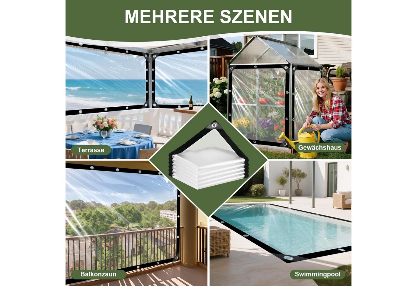 Rosnek Regenschutzplane Abdeckplane transparent wasserdicht mit Ösen, PE, wasserabweisend, Durchsichtige Tarp, verstärkte Ränder, für Gewächshaus & Terrasse Bild 2