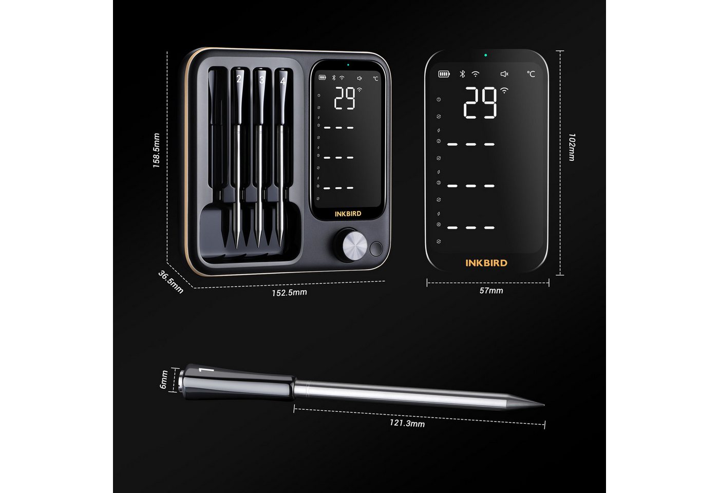 INKBIRD Grillthermometer Kabelloses Fleischthermometer für Ofen, Grill & Smoker, 3 Betriebsmodi, 4 kabellose Sonden, hohe Genauigkeit, IP67 wasserdicht