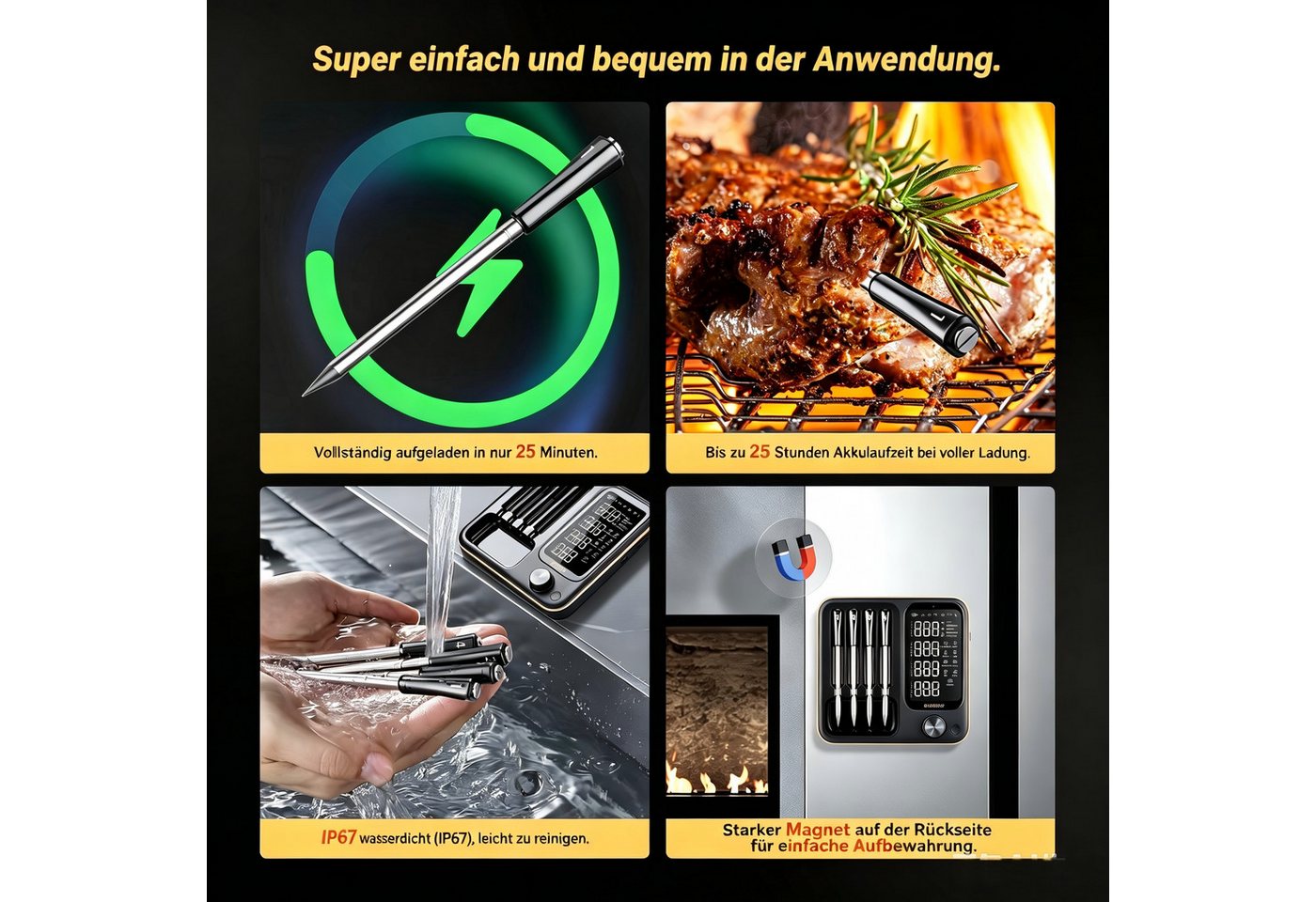 INKBIRD Grillthermometer Kabelloses Fleischthermometer für Ofen, Grill & Smoker, 3 Betriebsmodi, 4 kabellose Sonden, hohe Genauigkeit, IP67 wasserdicht Bild 2
