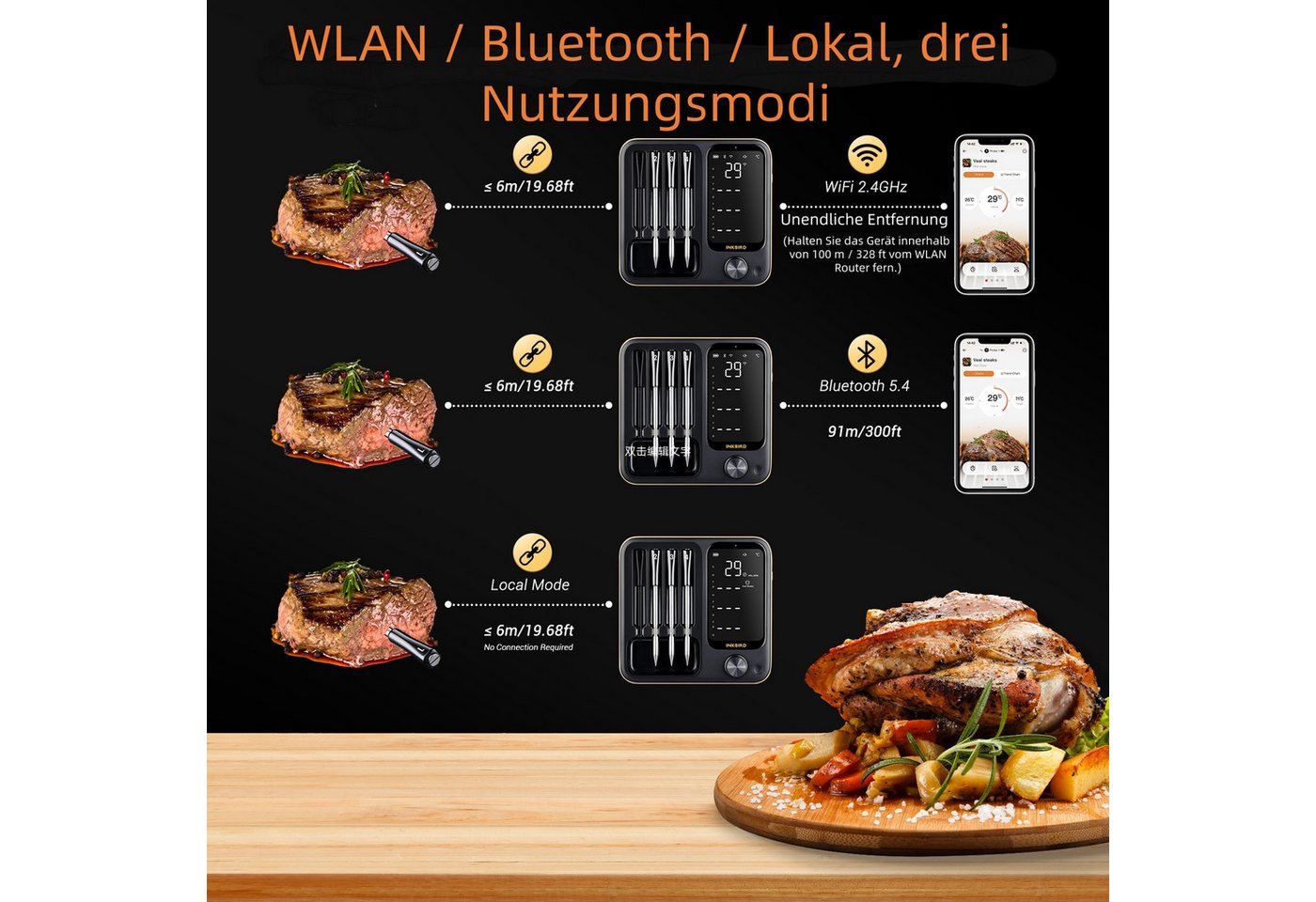 INKBIRD Grillthermometer Kabelloses Fleischthermometer für Ofen, Grill & Smoker, 3 Betriebsmodi, 4 kabellose Sonden, hohe Genauigkeit, IP67 wasserdicht Bild 3