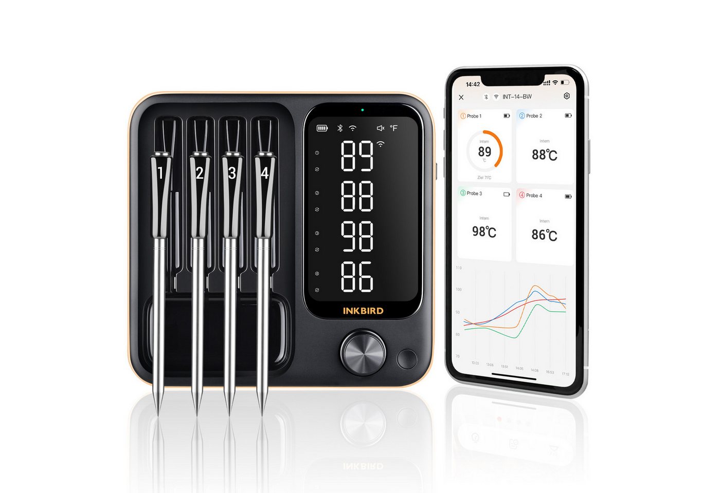 INKBIRD Grillthermometer Kabelloses Fleischthermometer für Ofen, Grill & Smoker, 3 Betriebsmodi, 4 kabellose Sonden, hohe Genauigkeit, IP67 wasserdicht Bild 4