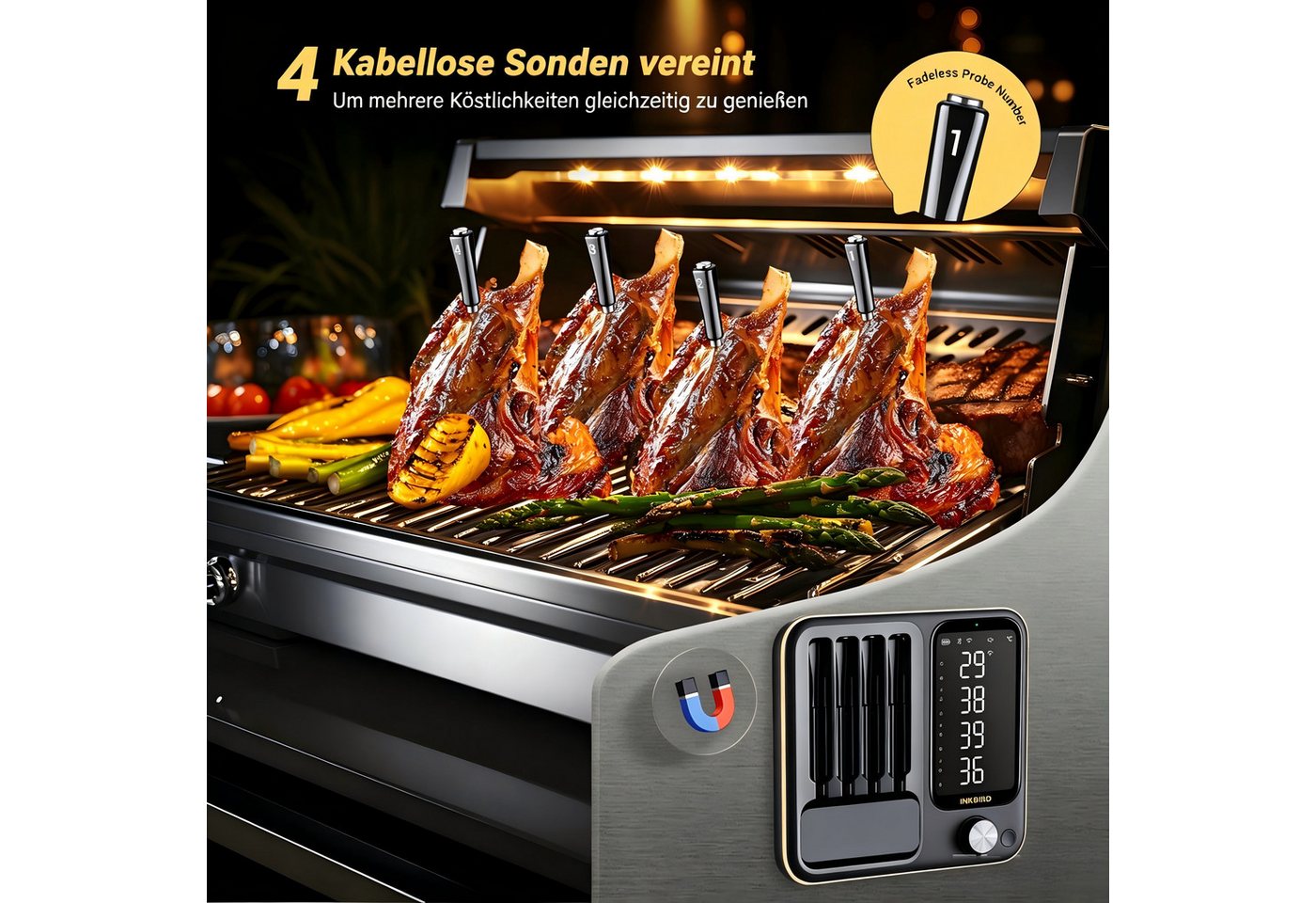 INKBIRD Grillthermometer Kabelloses Fleischthermometer für Ofen, Grill & Smoker, 3 Betriebsmodi, 4 kabellose Sonden, hohe Genauigkeit, IP67 wasserdicht Bild 5