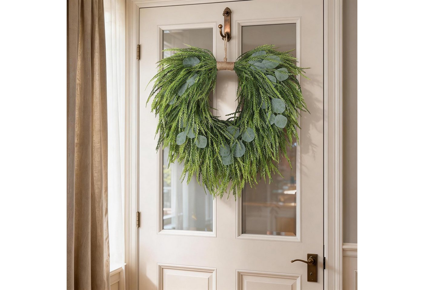 Diwzbyn Dekokranz Künstlicher Eukalyptus Kranz 55 cm, Herzförmiger Türkranz mit Sägegras, Frühlings- & Sommerdekoration im Landhausstil, Kunstpflanzen Bild 2