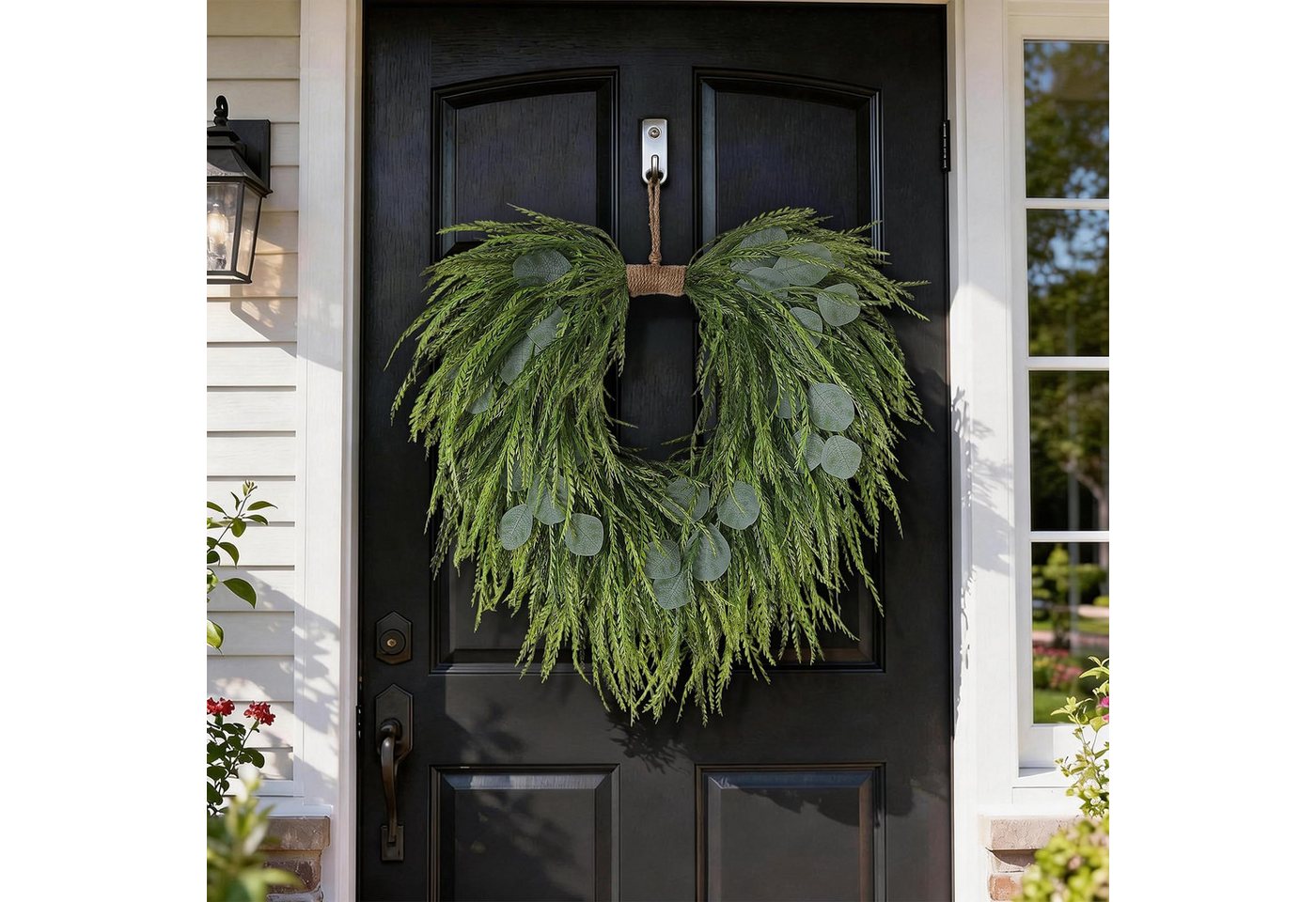 Diwzbyn Dekokranz Künstlicher Eukalyptus Kranz 55 cm, Herzförmiger Türkranz mit Sägegras, Frühlings- & Sommerdekoration im Landhausstil, Kunstpflanzen Bild 5