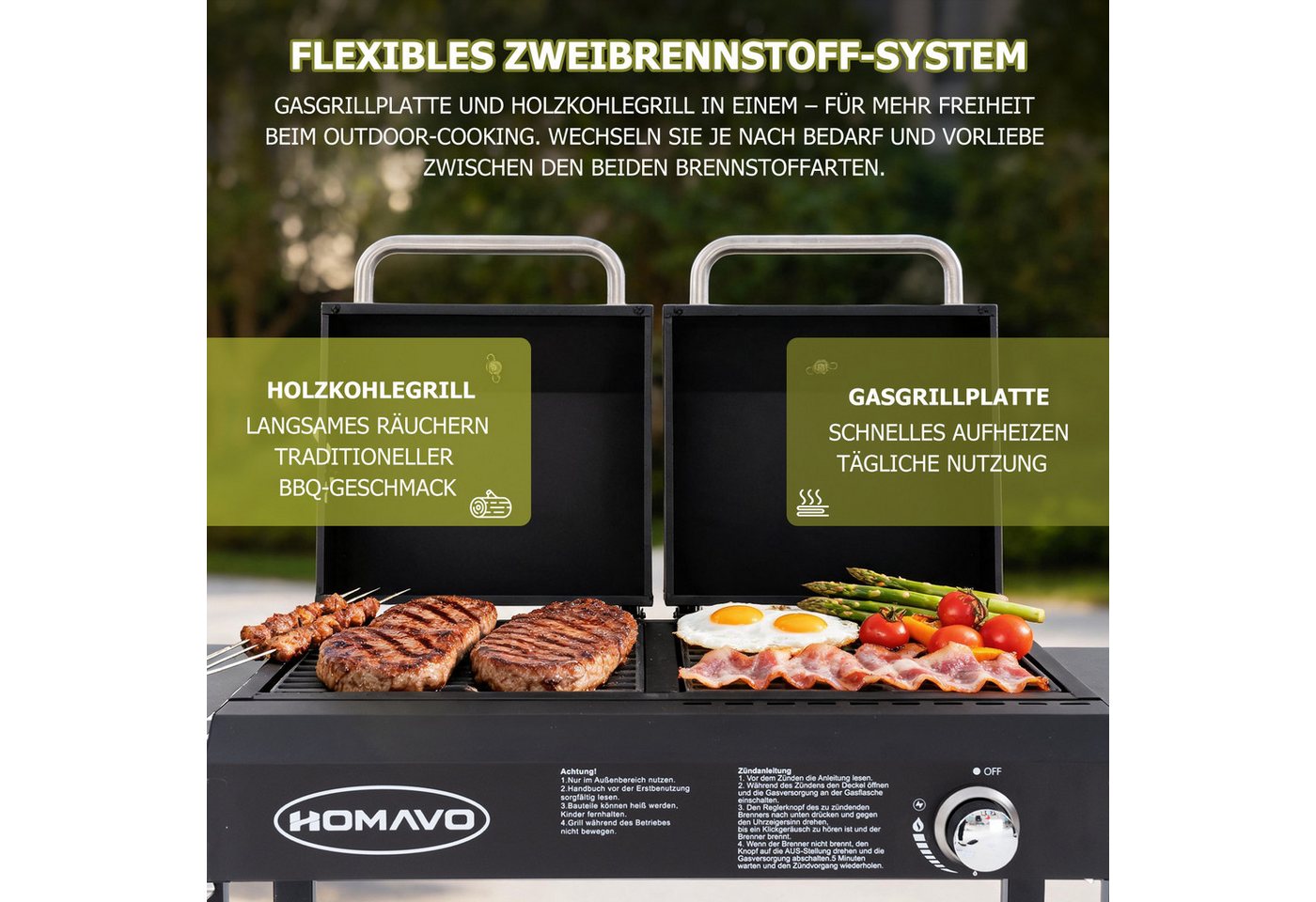 HOMAVO Gasgrill 2-in-1 Gas- & Holzkohlegrill, BxTxH: 130×43×92,8 cm, inkl. Flaschenöffner + Haken + Montagewerkzeugsatz Bild 2