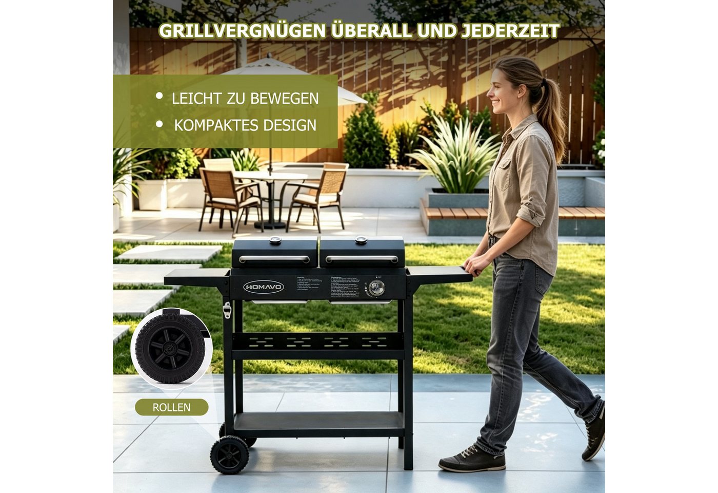 HOMAVO Gasgrill 2-in-1 Gas- & Holzkohlegrill, BxTxH: 130×43×92,8 cm, inkl. Flaschenöffner + Haken + Montagewerkzeugsatz Bild 4
