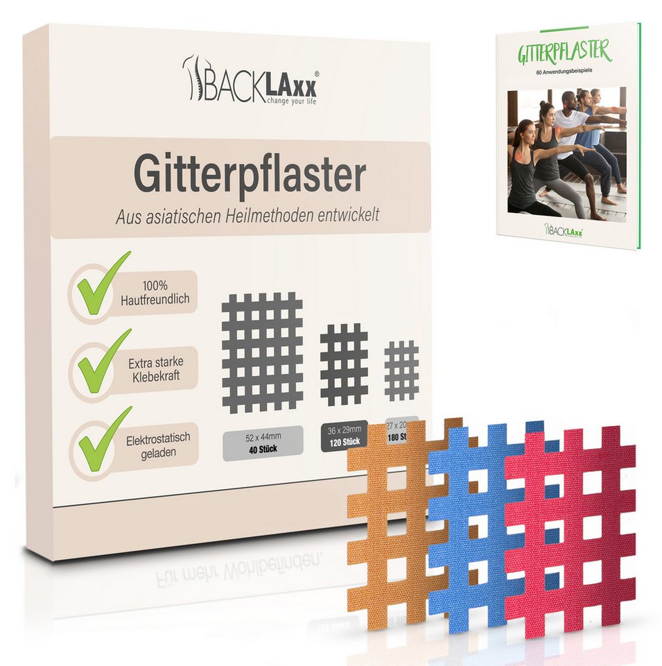 BACKLAxx® Kinesiologie-Tape Gitterpflaster Cross Tape Gittertape Kinesiotape (Typ a, b, c, 120-St) hautfreundlich, starke Haftung - für Alltag & Sport
