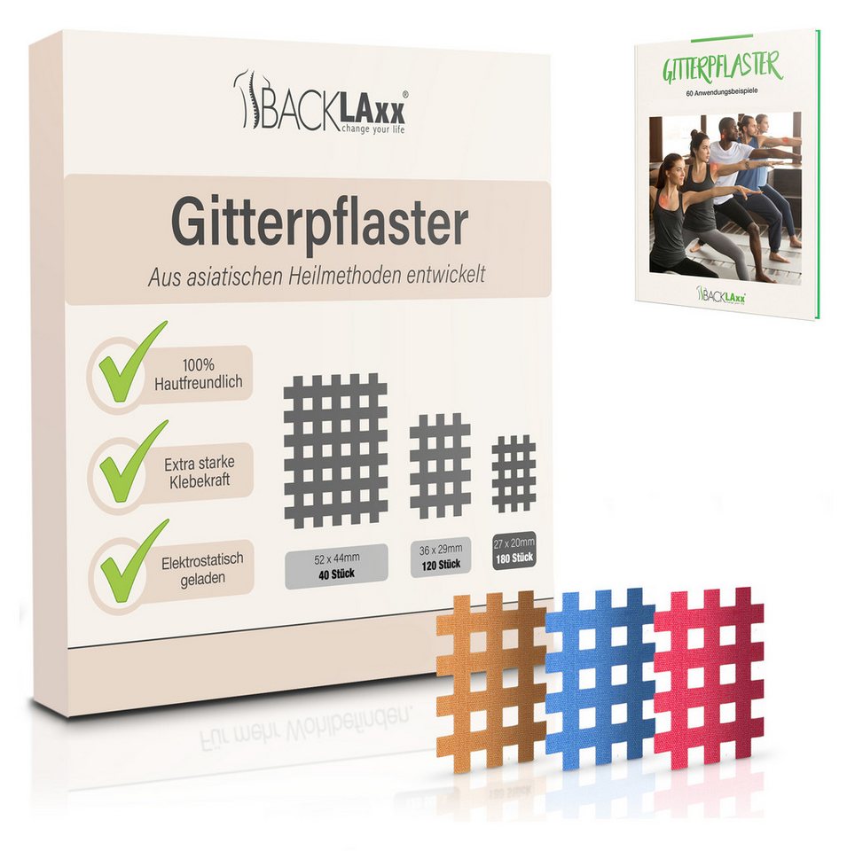 BACKLAxx® Kinesiologie-Tape Gitterpflaster Cross Tape Gittertape Kinesiotape (Typ a, b, c, 180-St) hautfreundlich, starke Haftung - für Alltag & Sport Bild 2