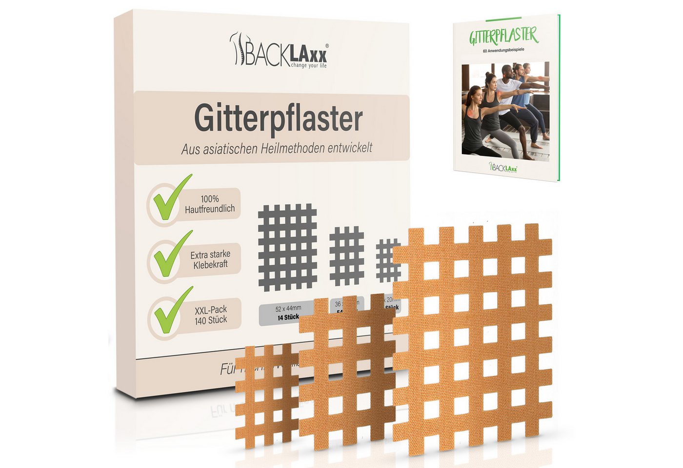 BACKLAxx® Kinesiologie-Tape Gitterpflaster Cross Tape Gittertape Kinesiotape (Typ a, b, c, 140-St) hautfreundlich, starke Haftung - für Alltag & Sport Bild 2