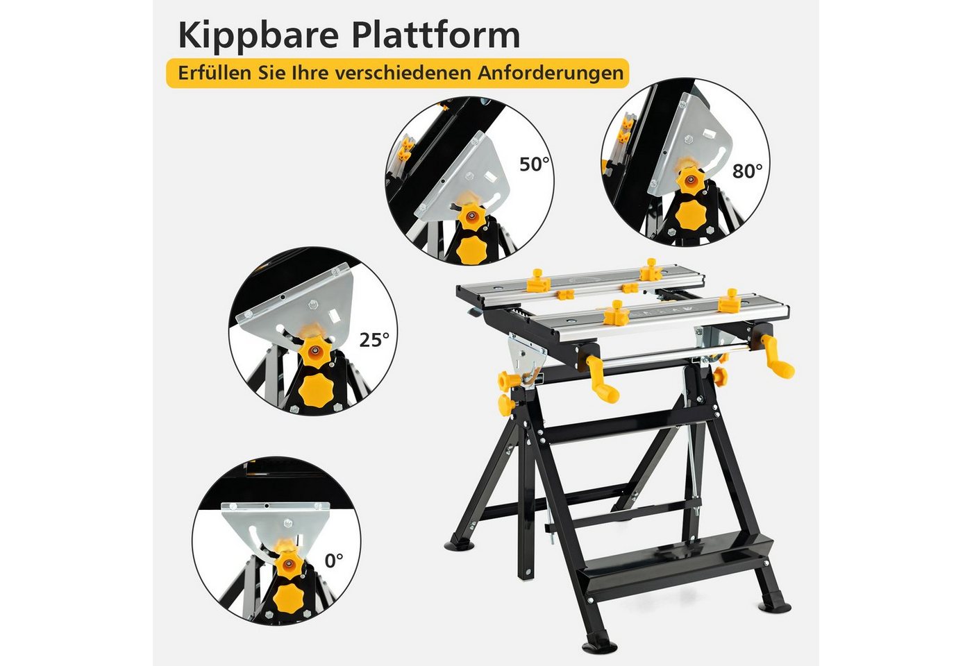 COSTWAY Werkbank Werktisch, 4-Fach neigbar, klappbar, 100 kg belastbar
