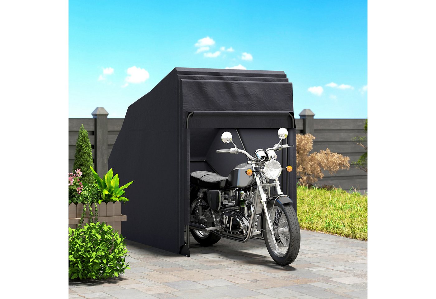 Outsunny Faltgarage mit Fenster, wasserdicht (faltbar Outdoor Motorradabdeckung, 1-St., Motorrad Abdeckplane), für 2 Motorräder Motorroller 345cm x 135cm x 191cm Schwarz Bild 3