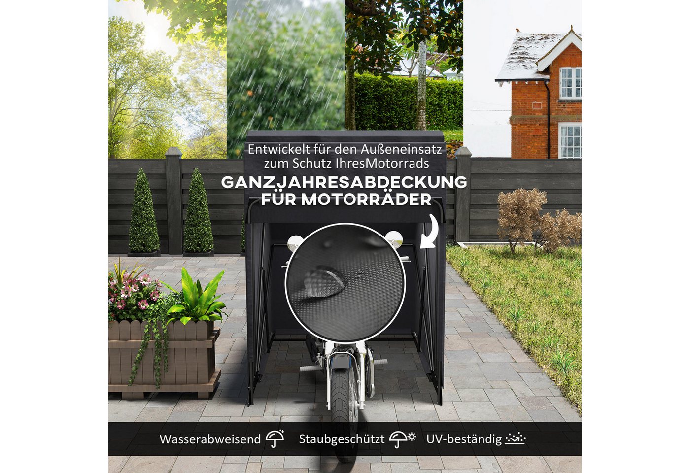 Outsunny Faltgarage mit Fenster, wasserdicht (faltbar Outdoor Motorradabdeckung, 1-St., Motorrad Abdeckplane), für 2 Motorräder Motorroller 345cm x 135cm x 191cm Schwarz Bild 4