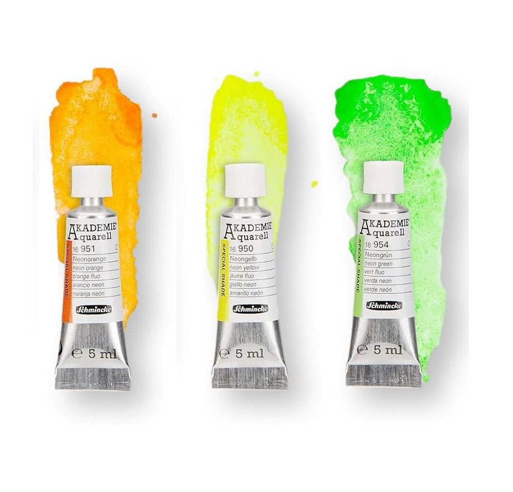 Schmincke Aquarellfarbe Akademie®, fluoreszierende limit. Neonfarben, 5 ml Alutube, 3er Set