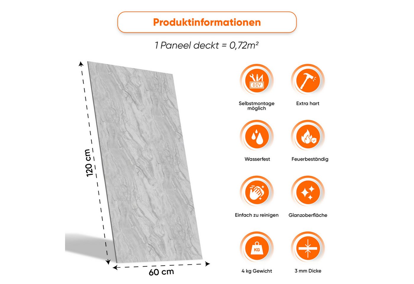 IZODEKOR 3D Wandpaneel PVC Wandverkleidung in Marmoroptik – Fliesenersatz für Bad & Küche, BxL: 60x120 cm, 0,72 qm, (wasserfest, kratzfest, pflegeleicht, direkt auf Fliesen montierbar, 1er- oder 4er-Set, optional mit Montagekleber) Direkt auf Fliesen montierbar, fleckenabweisend Bild 3