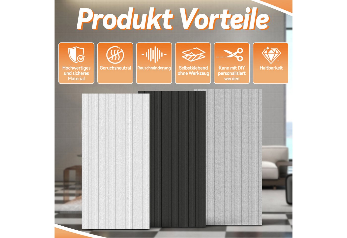 FIVMEN Wandpaneel Akustikpaneele Wand Selbstklebend Schalldämmung 4er/set, (16-tlg) Schwarz/Weiß/Hellgrau 120x60cm Polyesterfaser Langer Streifen Bild 5