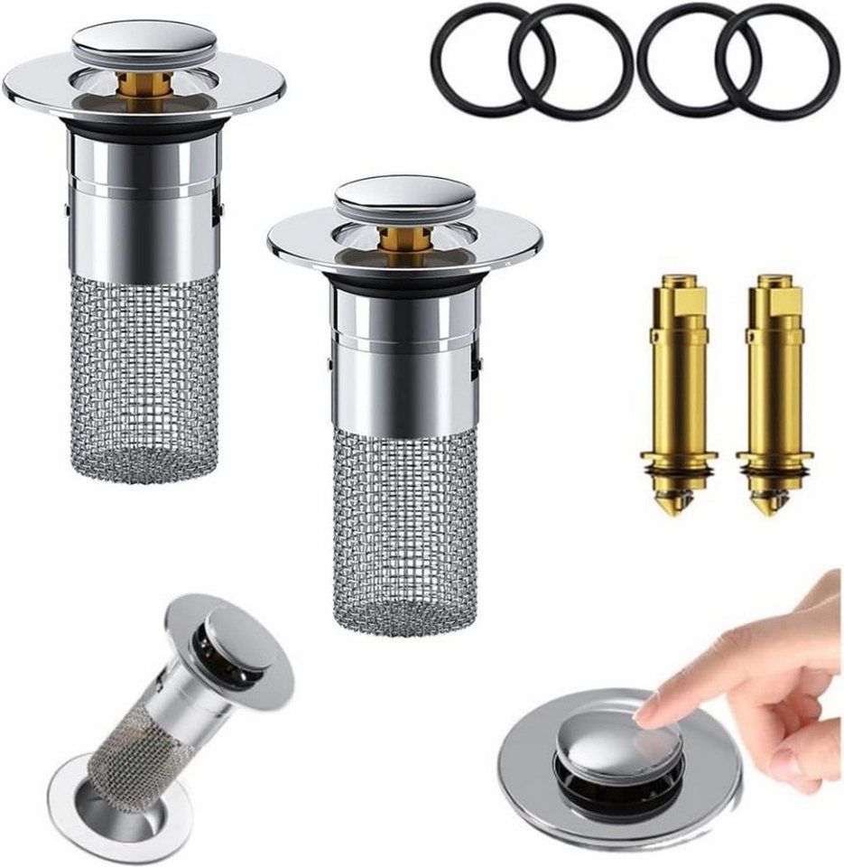 VEKROBOT Waschbeckenstöpsel 2er Pack Pop up Abflussfilter für Waschbecken Push to Open Sieb Bad, (set, 1 St), Pop up Abflussfilter mit Edelstahl-Siebkorb Haarfänger für Waschbecken Bild 4