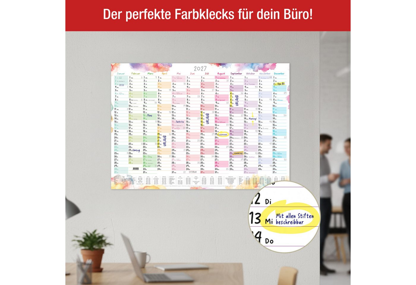 TOBJA Wandkalender Wandkalender 2027 A1 Aquarell Splash – Großer Jahresplaner, Wandkalender 60x84cm Wandplaner Jahreplaner Urlaubsplaner Bild 3